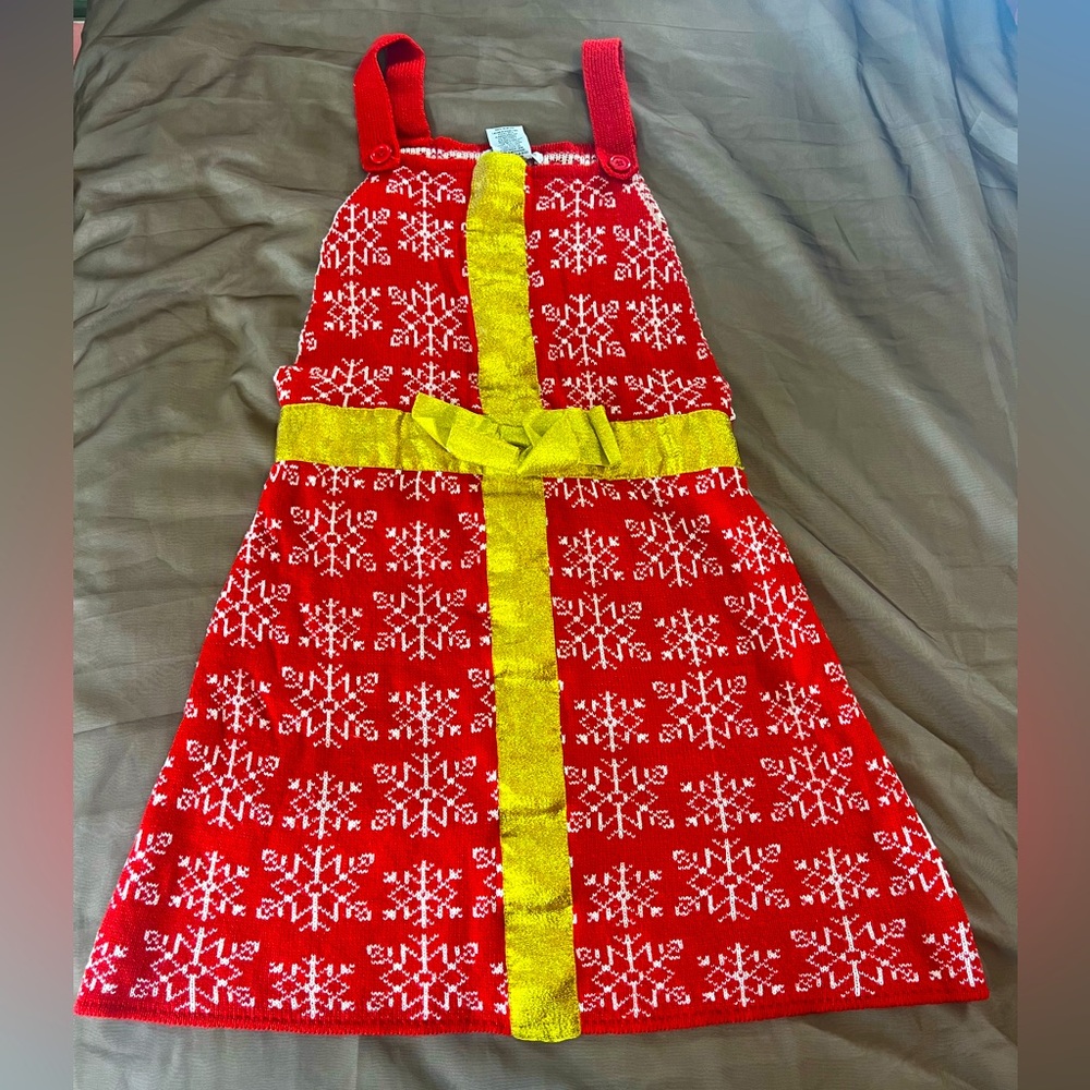 Red Holiday Christmas Snowflake Gift Wrap Dress with Gold Trim